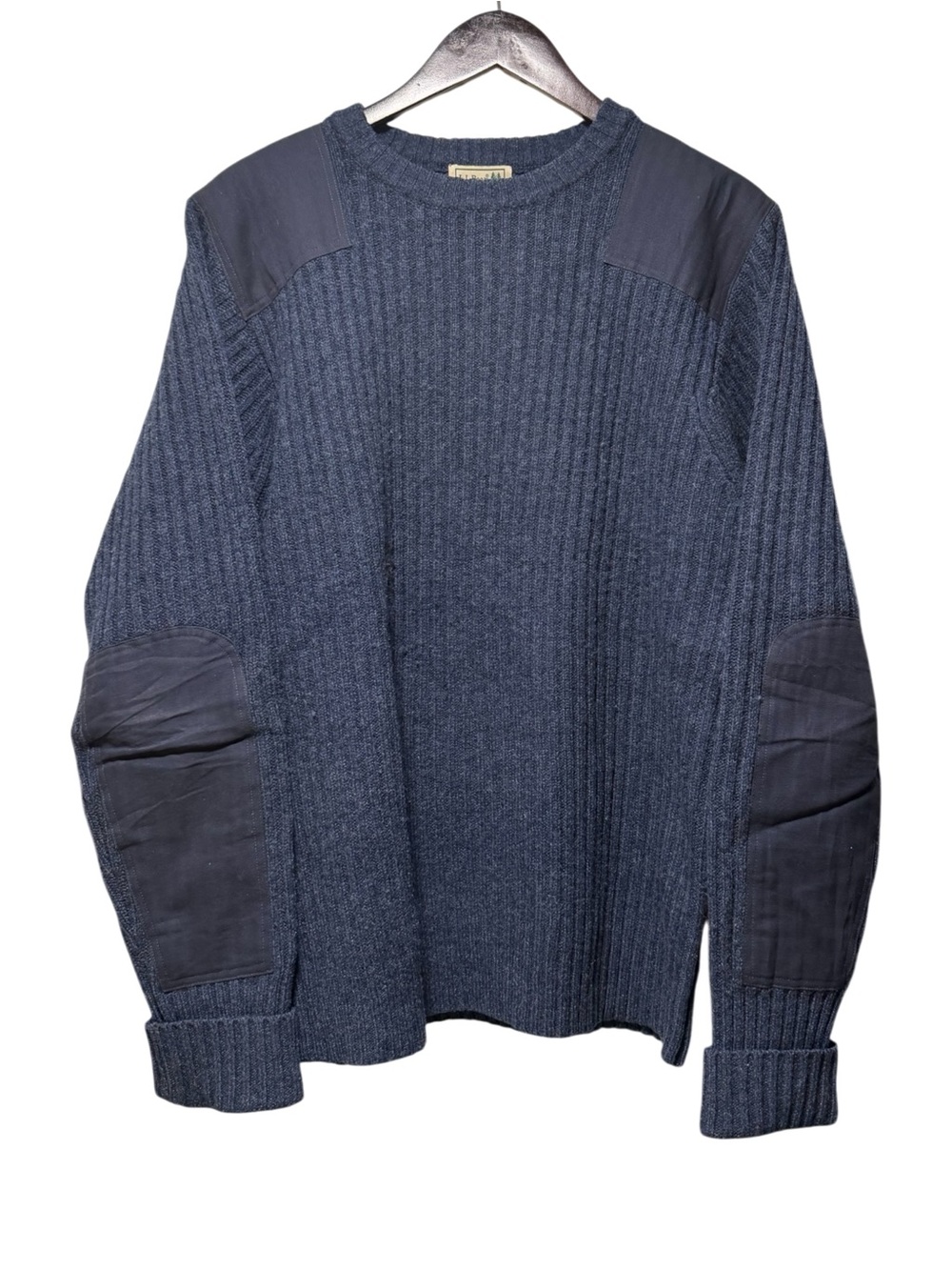 LL BEAN 100% Lamb's Wool Ribbed Commando Heathered Navy Sweater Patches Men's M